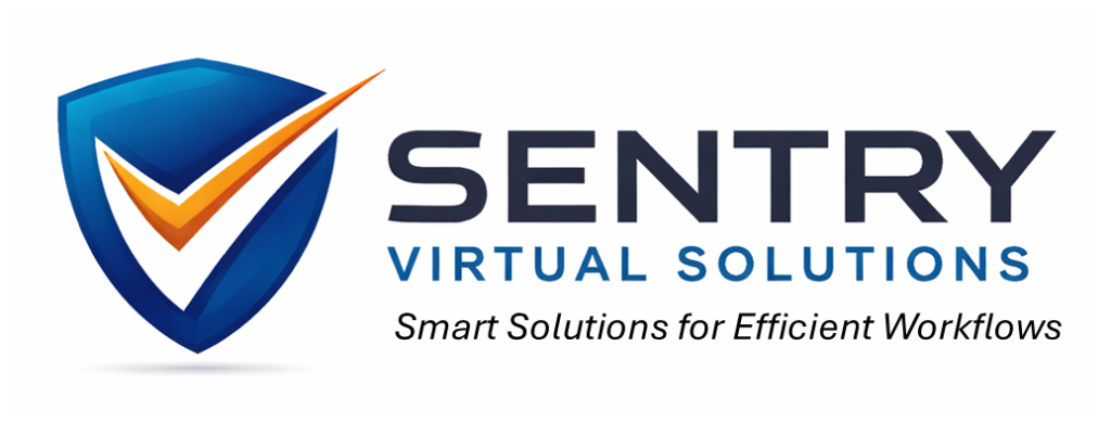 Logo for Sentry Virtual Solutions featuring a blue and orange shield with a checkmark, alongside bold text and a tagline.
